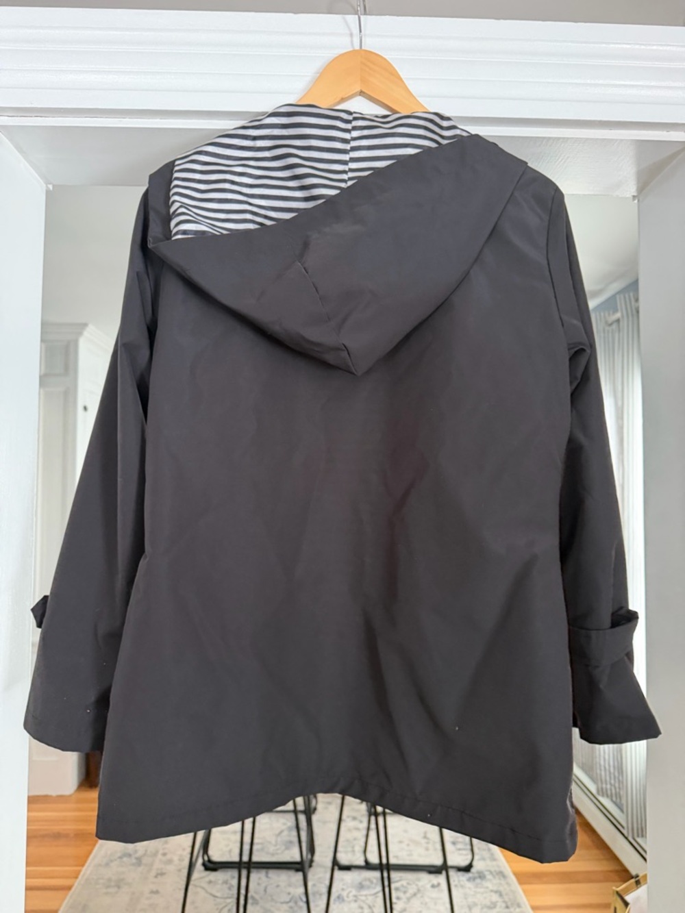 Women's Black Hooded rain Coat with Striped Lining - Picture 8 of 9